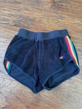 Aviator Nation Black Terry Shorts with Rainbow Stripe